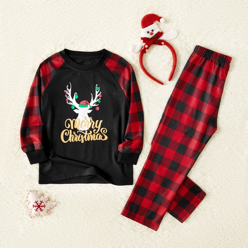 Merry Christmas Letter Antler Print Plaid Splice Matching Pajamas Sets for Family (Flame Resistant) Red big image 4