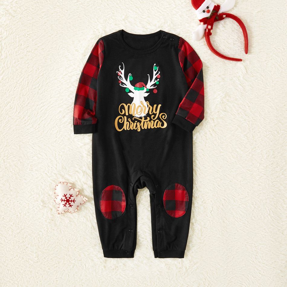 Merry Christmas Letter Antler Print Plaid Splice Matching Pajamas Sets for Family (Flame Resistant) Red big image 5