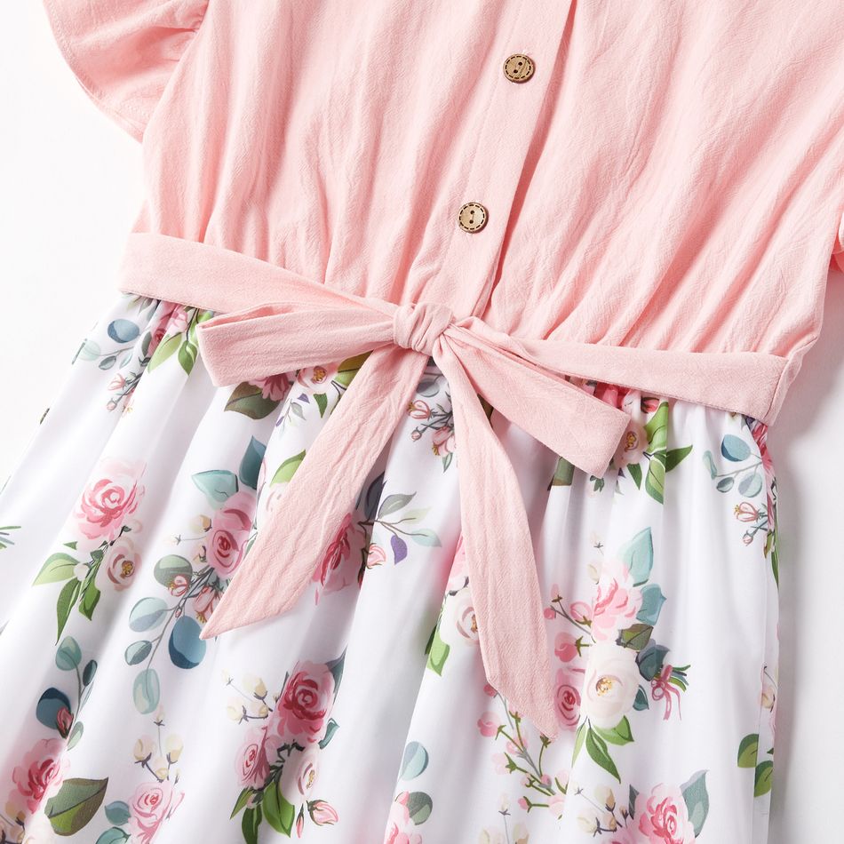 Mosaic Flutter-sleeve Pink Stitching White Floral Matching Midi Dresses Pink big image 7
