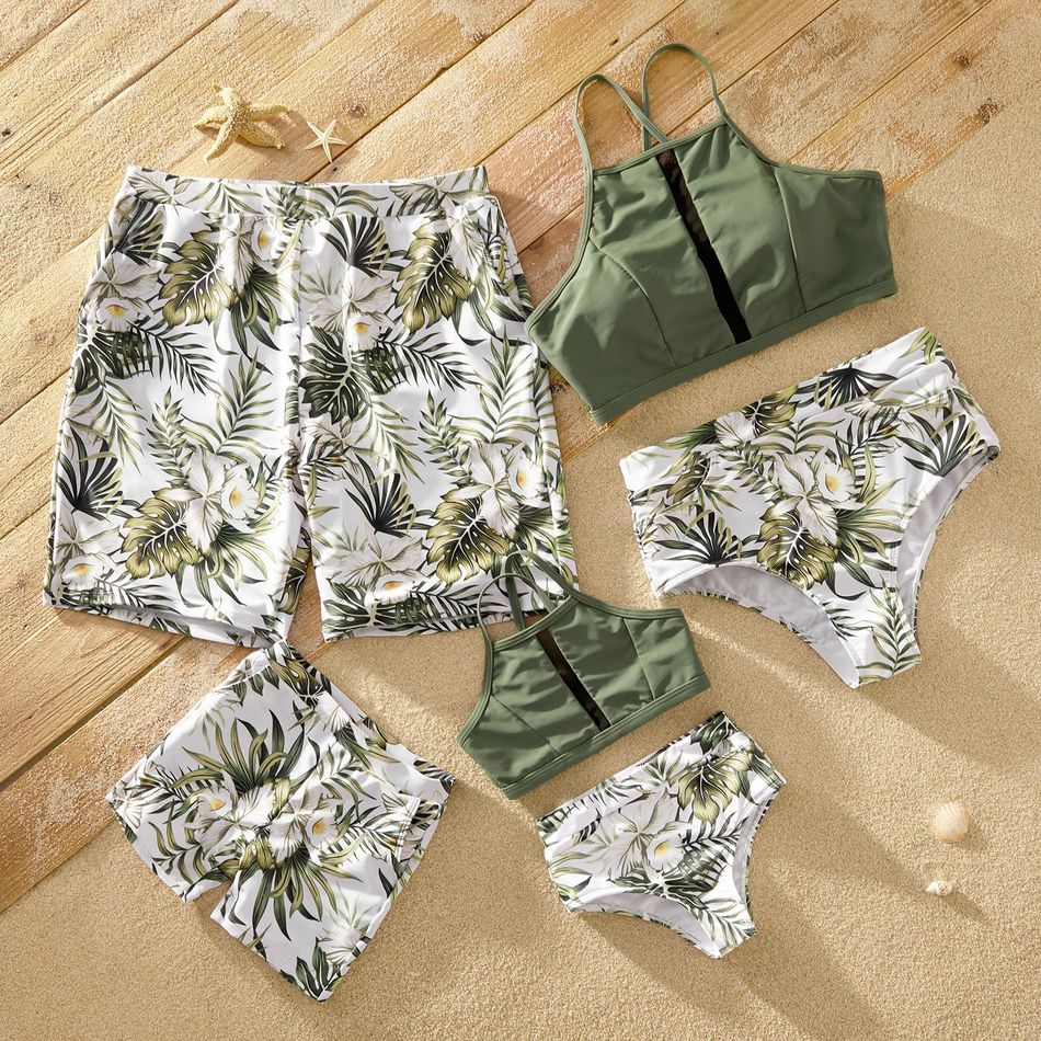 Leaf and Floral Print Splicing Family Matching Matching Swimsuits Light Green