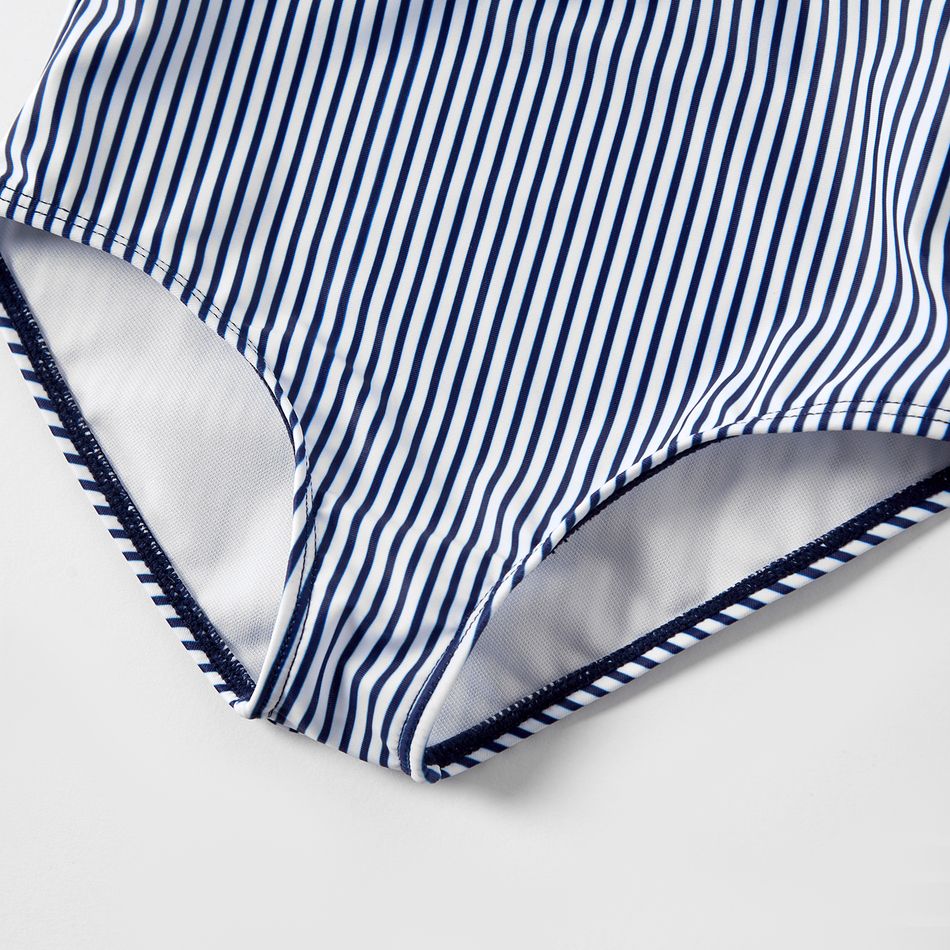 V-neck Flounce Striped Print Matching Swimsuits Dark Blue/white big image 4