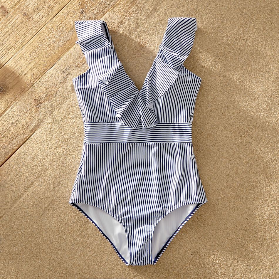 V-neck Flounce Striped Print Matching Swimsuits Dark Blue/white big image 6