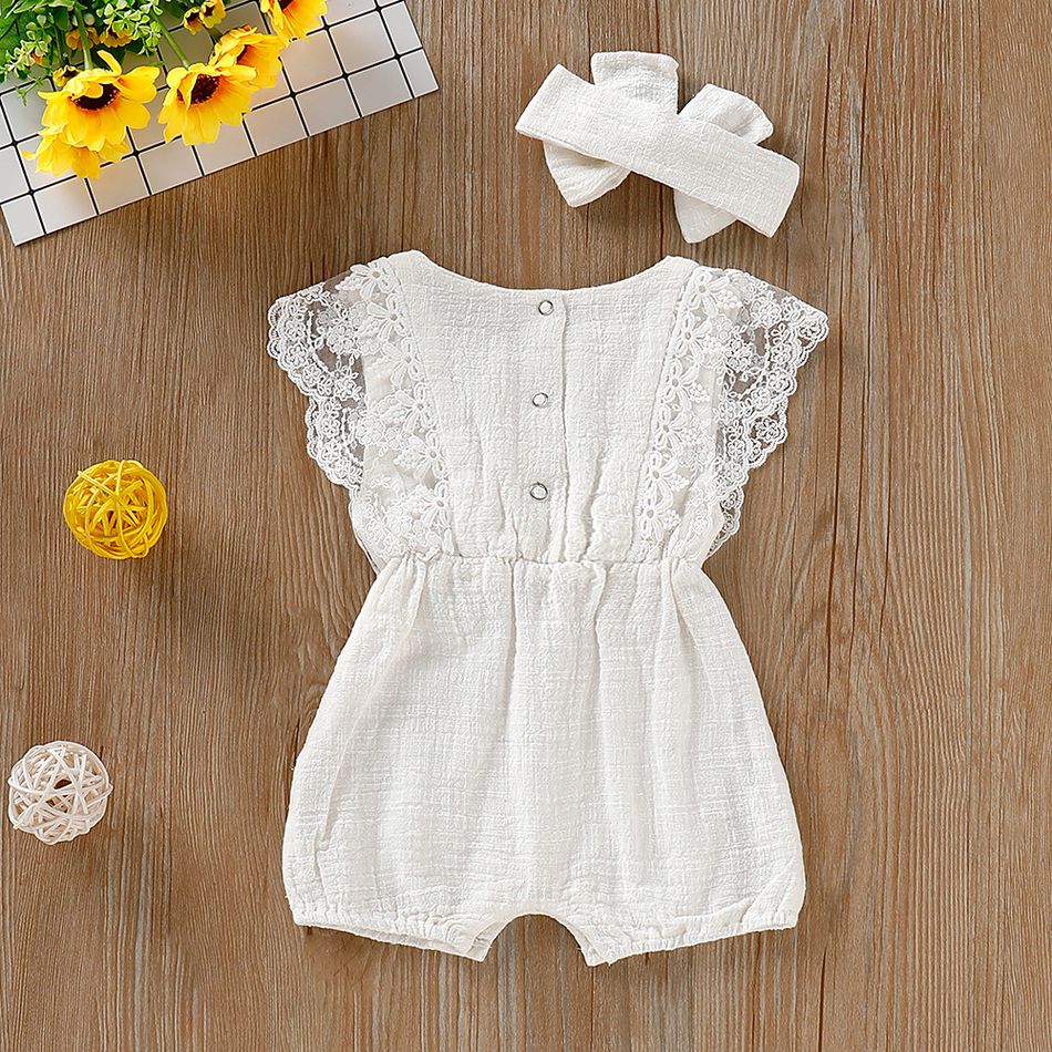 2pcs Baby Girl 95% Cotton Lace Flutter-sleeve Romper with Headband Set White big image 4