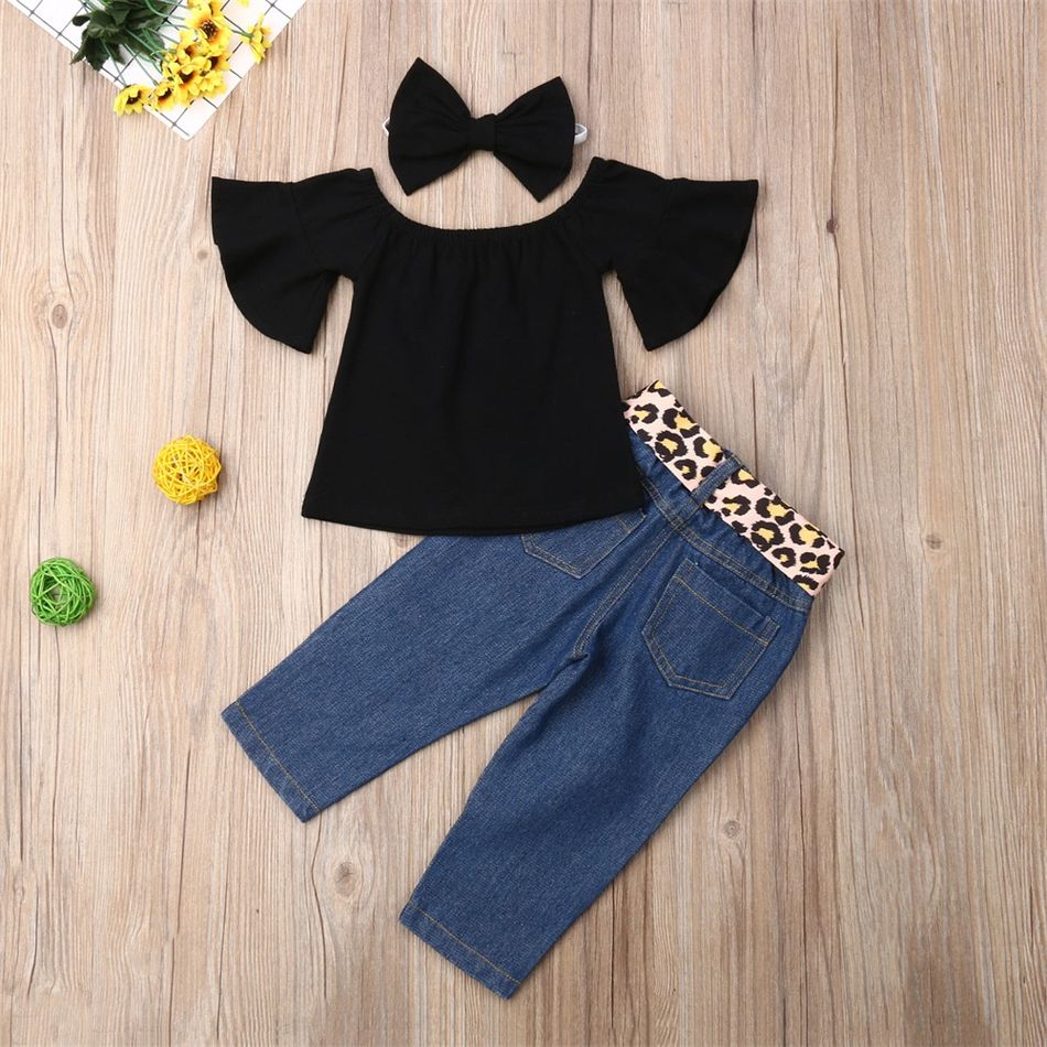 3-piece Baby Solid Flutter-sleeve Off Shoulder Top and Leopard Print Bowknot Nine-minute Jeans Set Black big image 2