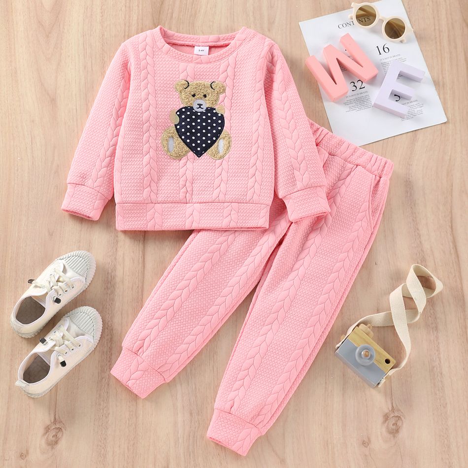 2pcs Toddler Girl Bear Embroidered Cable Knit Textured Pullover Sweatshirt and Pants Set Pink