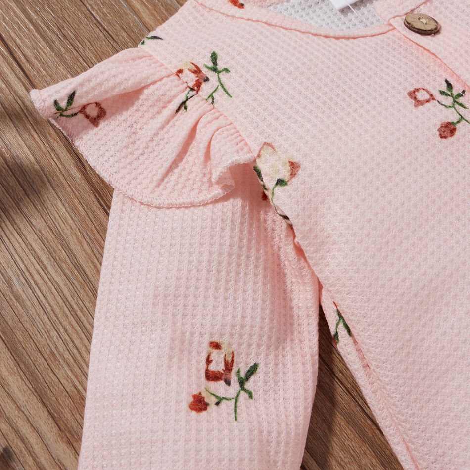 2pcs Baby Girl 95% Cotton Long-sleeve Floral Print Ruffle Button Up Waffle Jumpsuit with Headband Set Pink big image 4