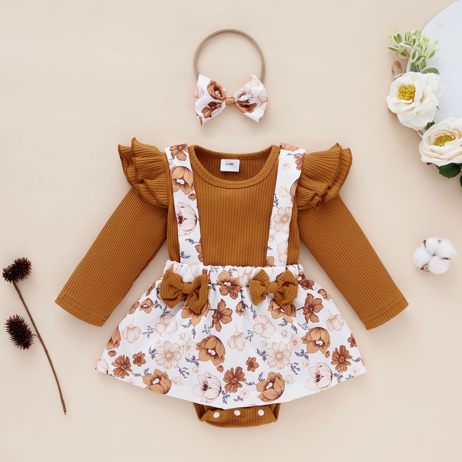 Ribbed 2pcs Floral Splicing Ruffle Long-sleeve Baby Romper Set Coffee