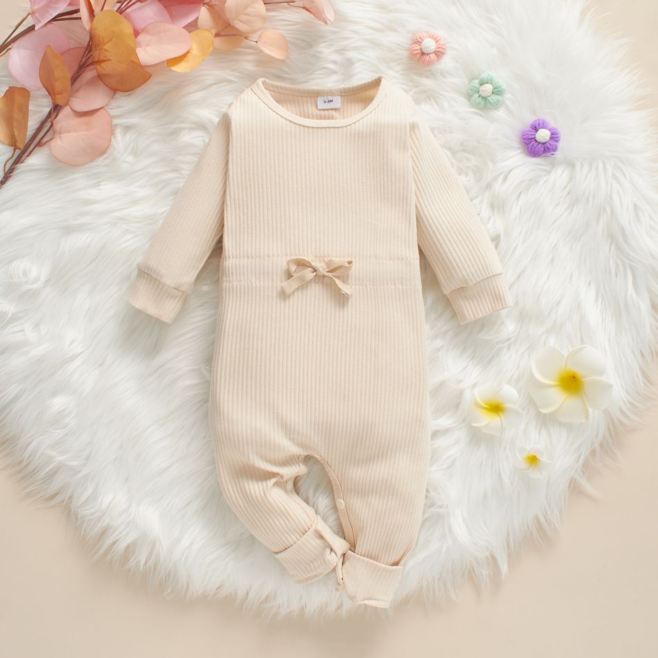 Baby Solid Ribbed Long-sleeve Drawstring Jumpsuit Playsuit Beige
