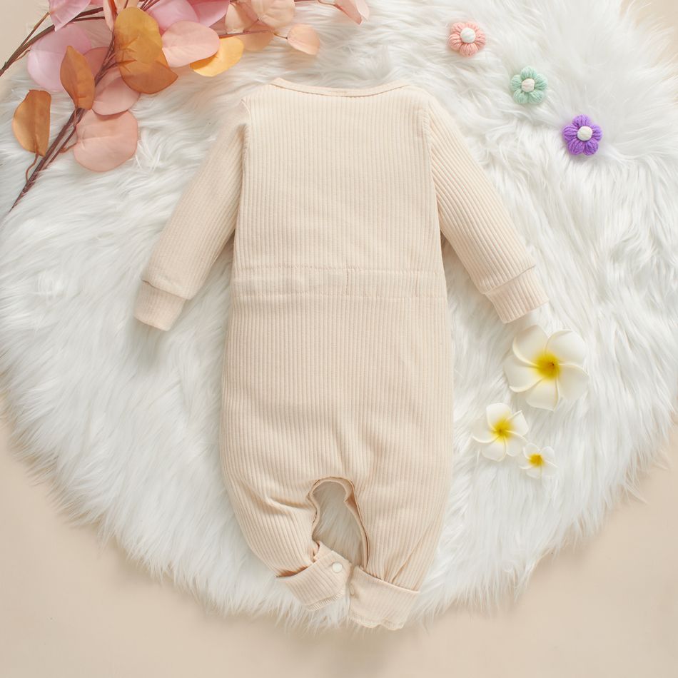 Baby Solid Ribbed Long-sleeve Drawstring Jumpsuit Playsuit Beige big image 5