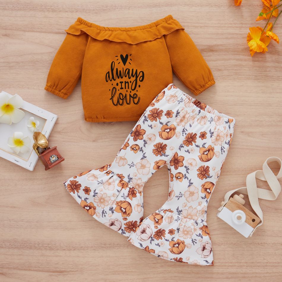 2pcs Baby Letter Print Off Shoulder Long-sleeve Top and Floral Print Bell Bottom Pants Set Ginger