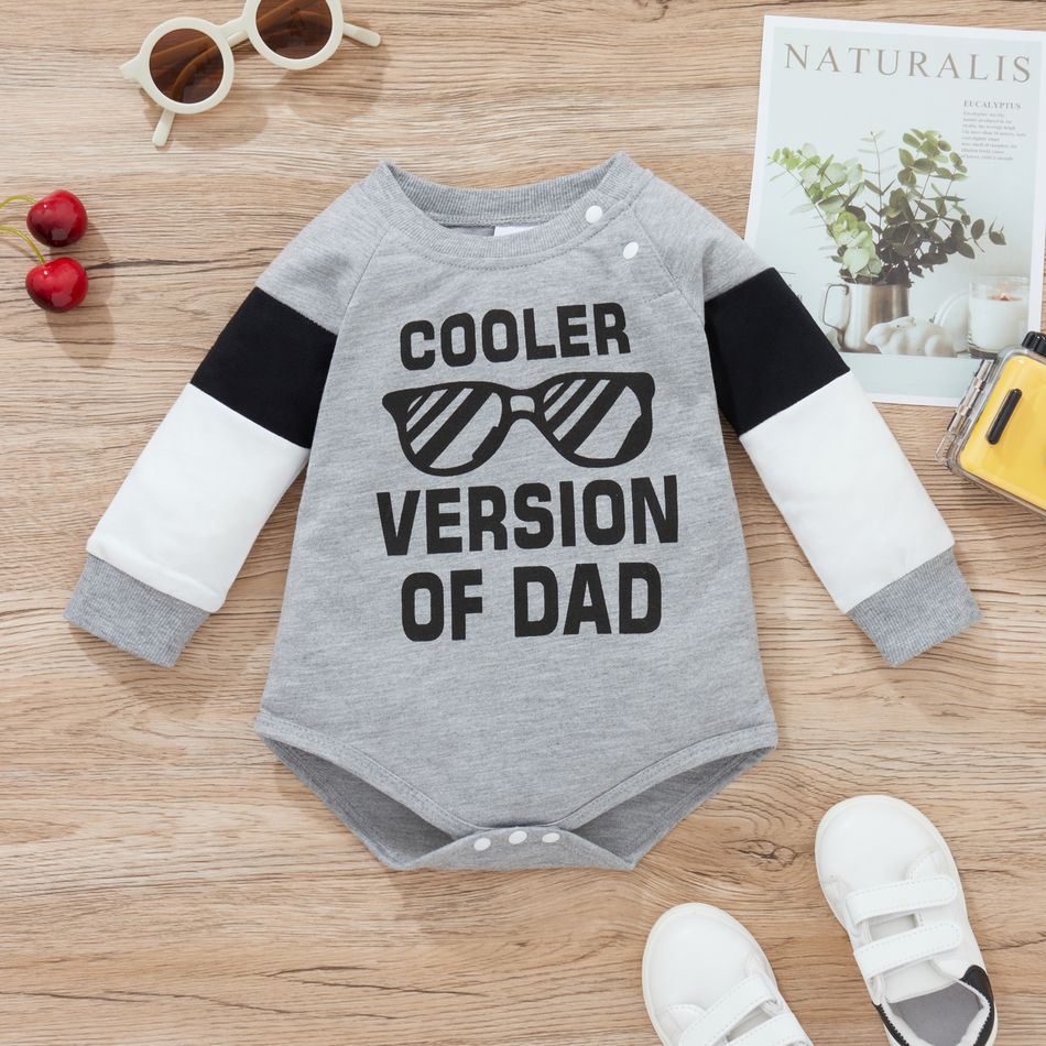 Baby Boy Sunglasses and Letter Print Color Block Long-sleeve Romper Light Grey