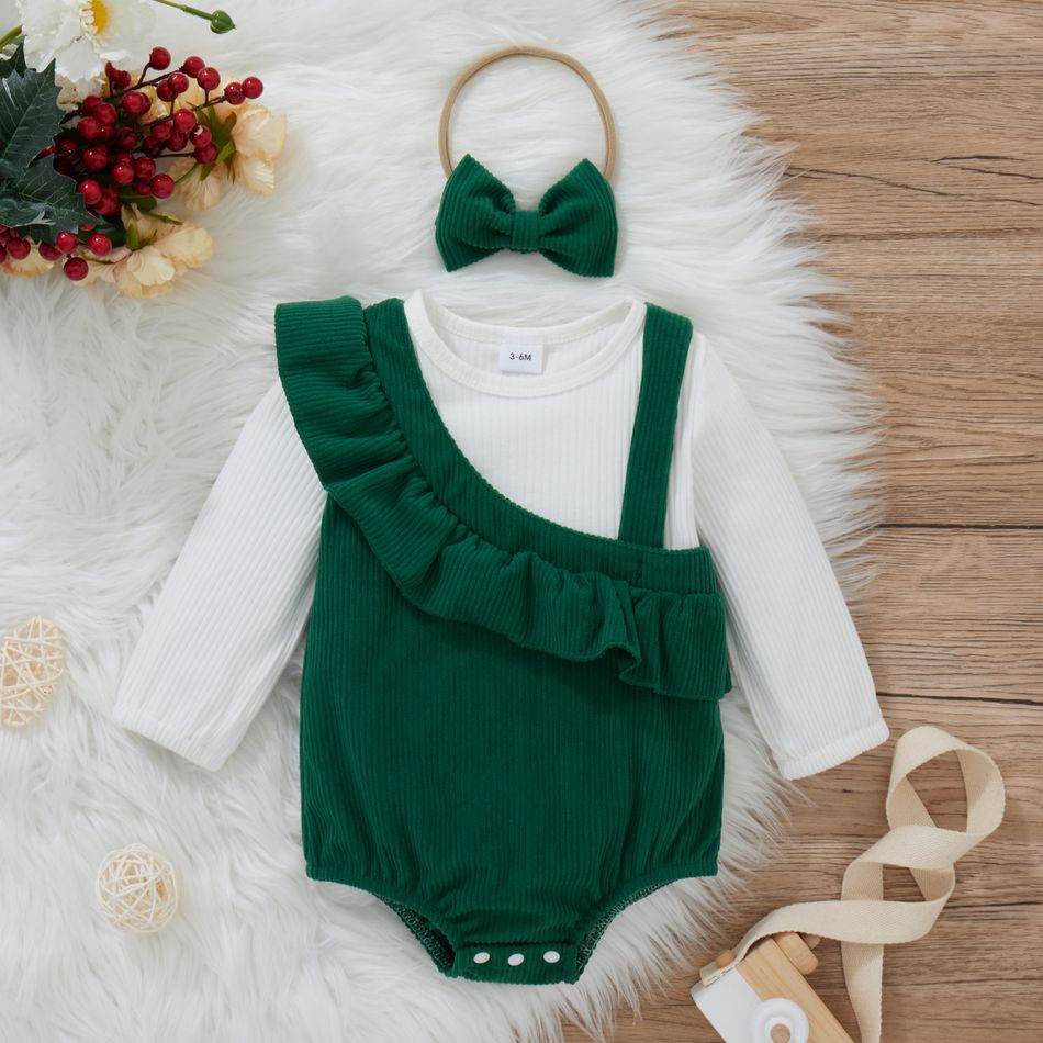 2pcs Baby Girl Ribbed Long-sleeve Splicing Faux-two Ruffle Romper Set Green
