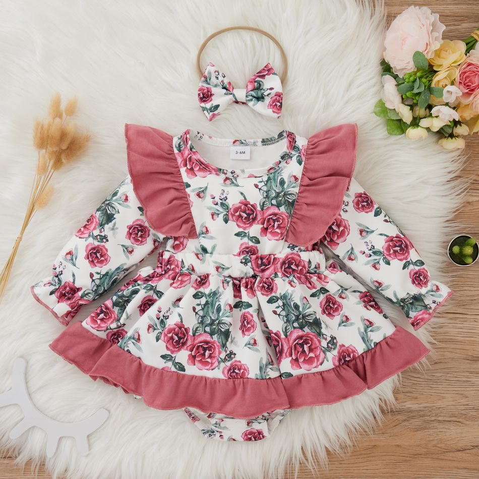 2pcs Baby Girl All Over Floral Print Long-sleeve Ruffle Long-sleeve Romper Dress Set Light Red