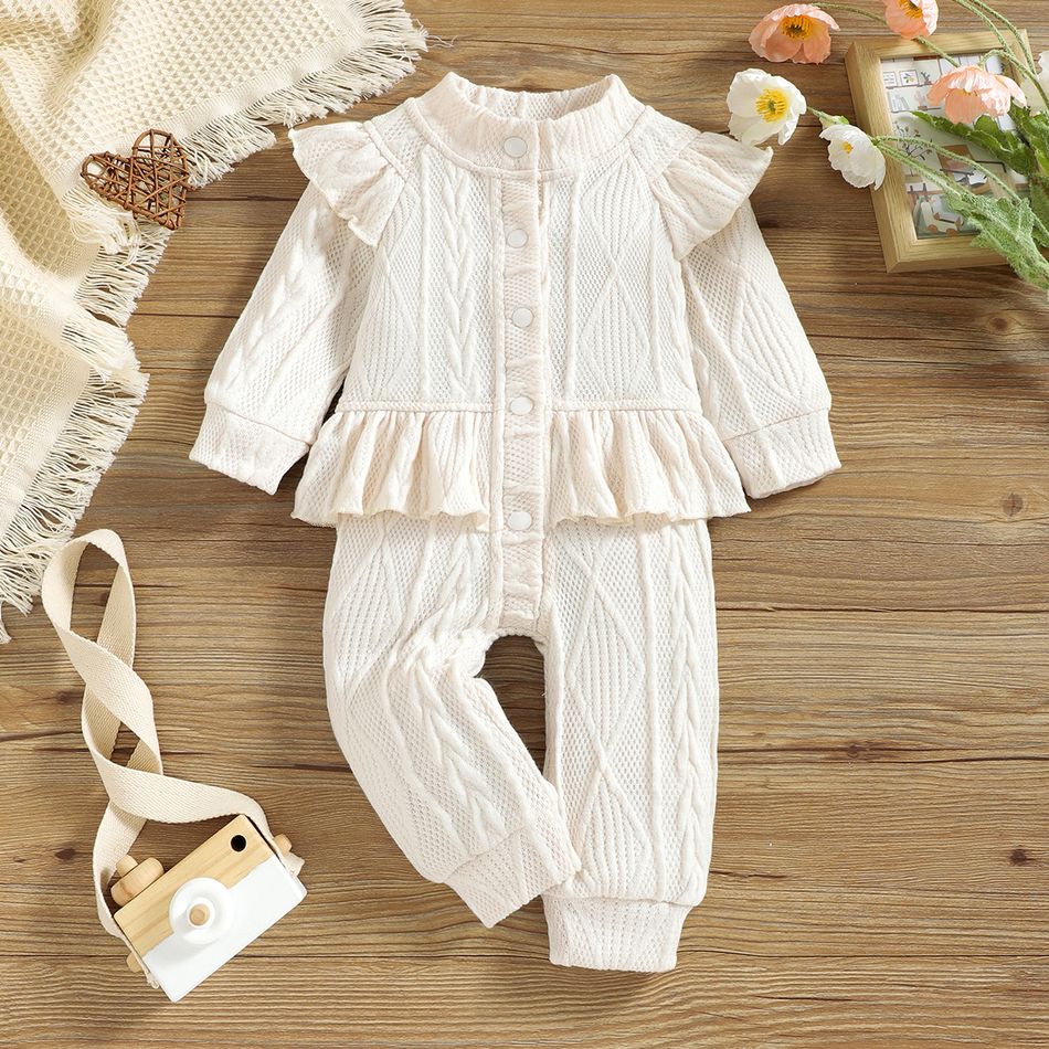 Baby Girl Solid Knitted Long-sleeve Ruffle Snap-up Jumpsuit Beige