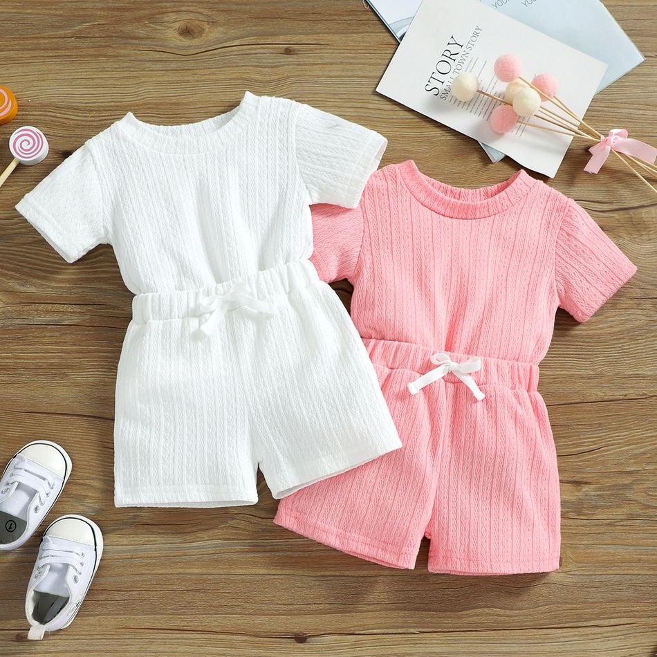 2pcs Baby Boy/Girl 95% Cotton Short-sleeve Solid Cable Knit Tee and Shorts Set White big image 2