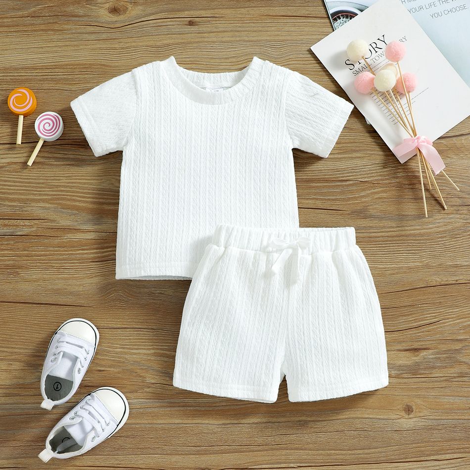2pcs Baby Boy/Girl 95% Cotton Short-sleeve Solid Cable Knit Tee and Shorts Set White big image 1