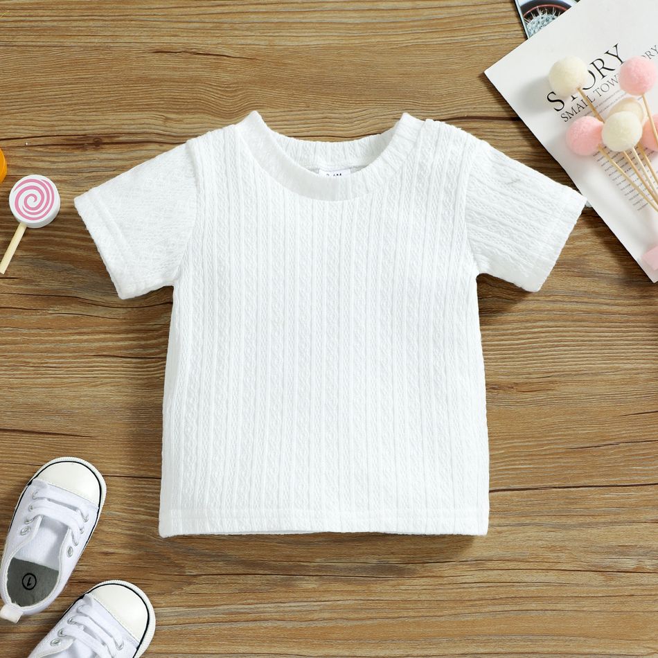 2pcs Baby Boy/Girl 95% Cotton Short-sleeve Solid Cable Knit Tee and Shorts Set White big image 4