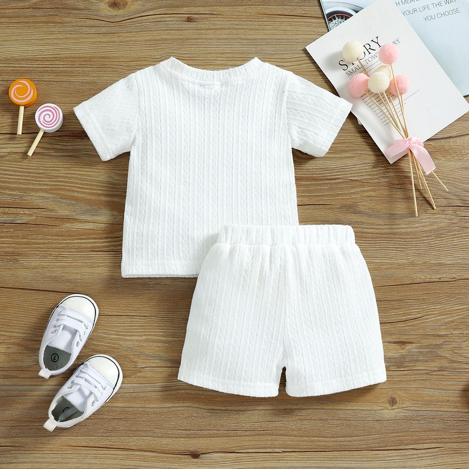 2pcs Baby Boy/Girl 95% Cotton Short-sleeve Solid Cable Knit Tee and Shorts Set White big image 3