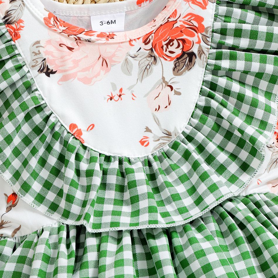 2pcs Baby Girl Floral Print Splicing Plaid Ruffle Sleeveless Romper Dress with Headband Set Green big image 5
