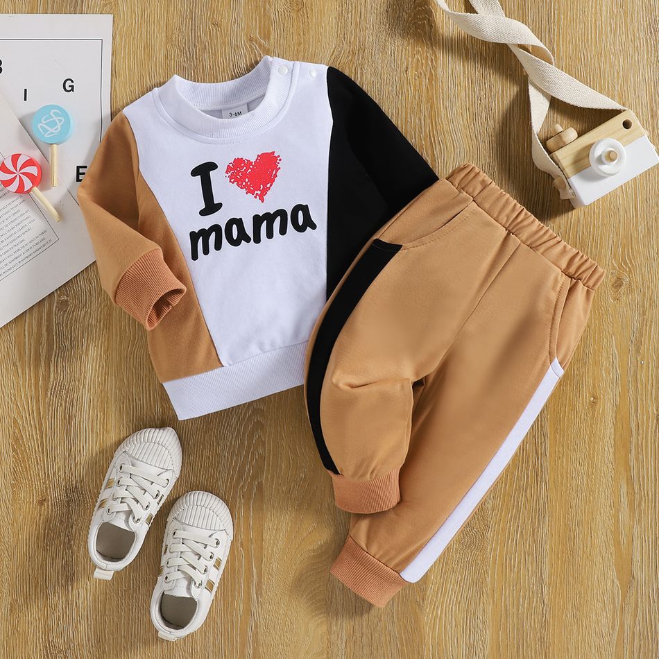 2pcs Baby Boy/Girl Love Heart and Letter Print Colorblock Long-sleeve Sweatshirt with Joggers Pants Set Brown