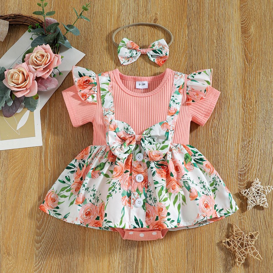 2pcs Baby Girl Solid Ribbed Short-sleeve Splicing Floral Print Ruffle Bowknot Romper Dress with Headband Set Pink
