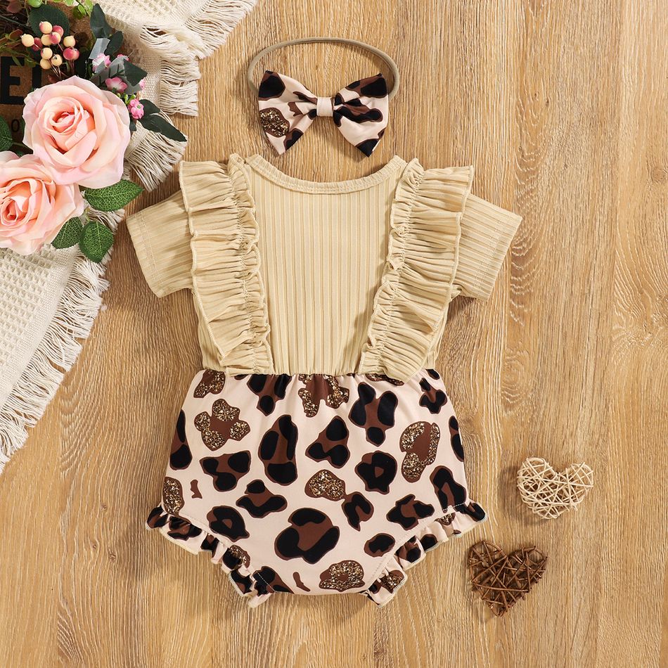 2 unidades Bebé Menina Extremidades franzidas Padrão de leopardo Bonito Macacão curto Cor de Damasco big image 2