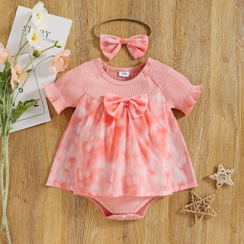 2pcs Baby Girl 95% Cotton Ribbed Short-sleeve Tie Dye Bowknot Romper with Headband Set Pink