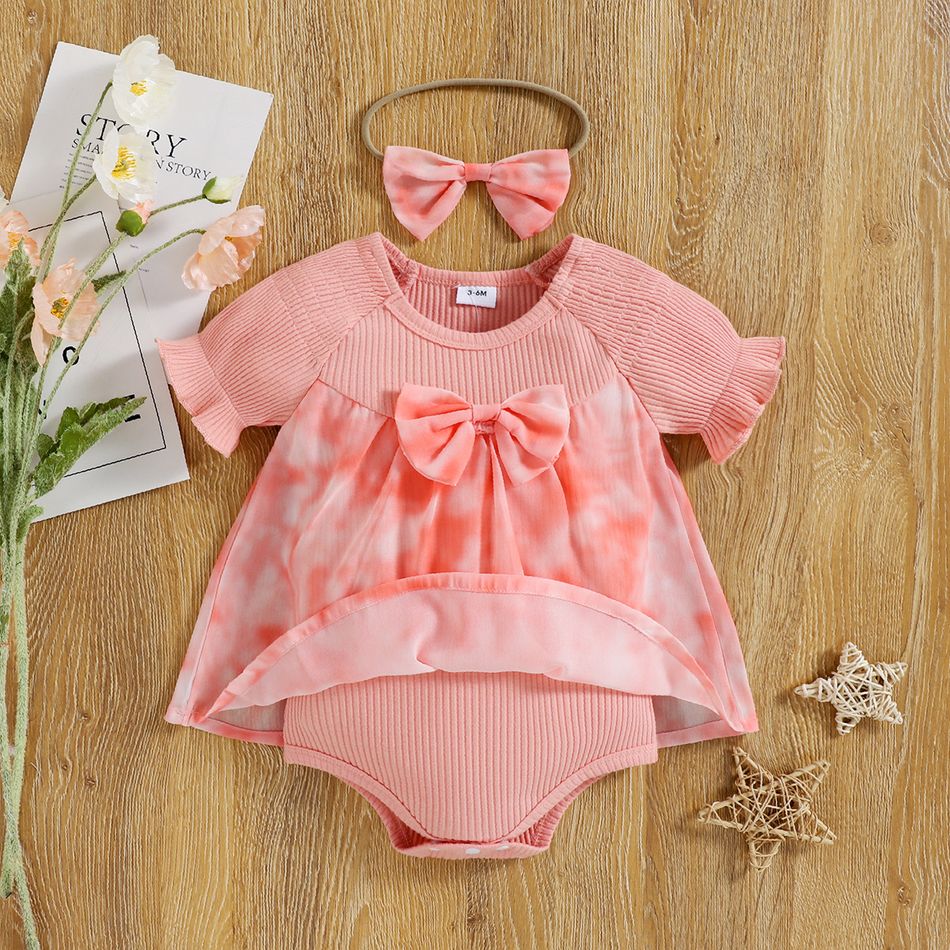 2pcs Baby Girl 95% Cotton Ribbed Short-sleeve Tie Dye Bowknot Romper with Headband Set Pink big image 3
