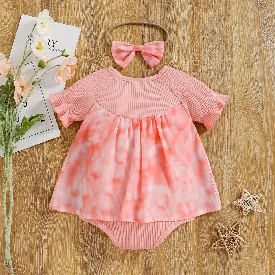 2pcs Baby Girl 95% Cotton Ribbed Short-sleeve Tie Dye Bowknot Romper with Headband Set Pink big image 2