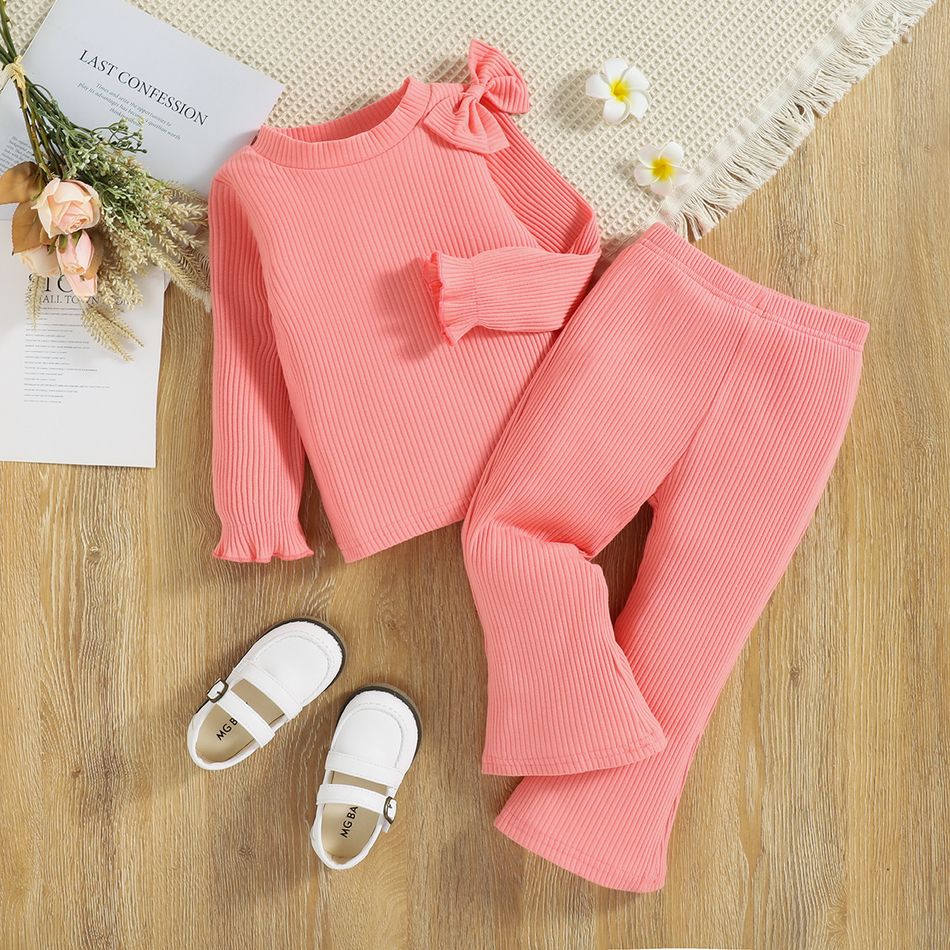 2pcs Toddler Girl Bowknot Design Ribbed Long-sleeve Pink Tee and Flared Pants Set Pink