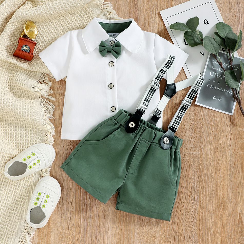 Baby Boy Short-sleeve Party Outfit Gentle Bow Tie Shirt and Suspender Shorts Set White big image 4
