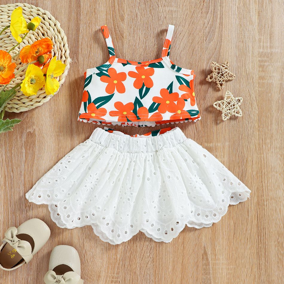 2pcs Baby Girl Floral Print Camisole Crop Top and Bowknot Hollow Out Skirt Set White big image 2