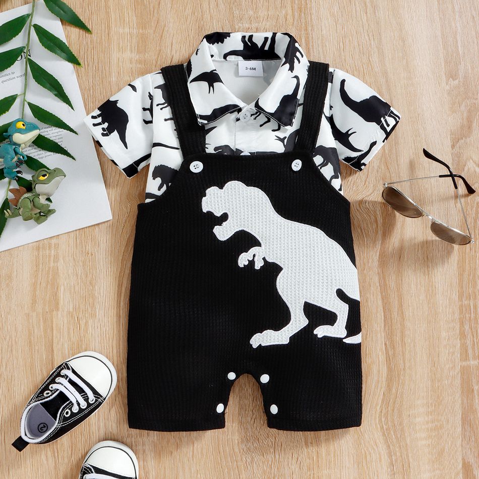 2pcs Baby Boy All Over Dinosaur Print Short-sleeve Shirt and Overalls Shorts Set Black big image 2