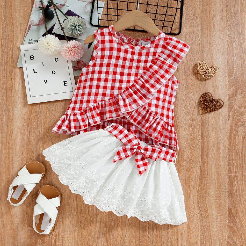 2pcs Toddler Girl Plaid Ruffled Sleeveless Blouse and Schiffy Design Belted Skirt Set Red