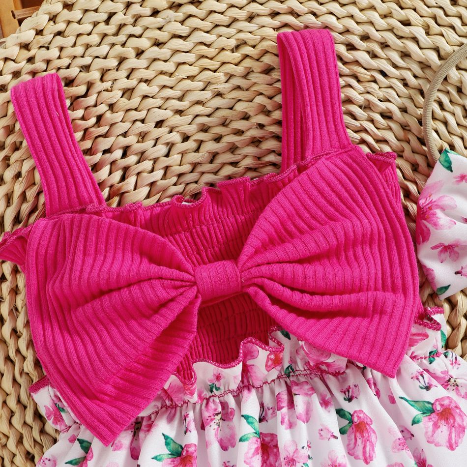 2pcs Baby Girl 95% Cotton Ribbed Bowknot Splicing Floral Print Sleeveless Romper with Headband Set Hot Pink big image 3