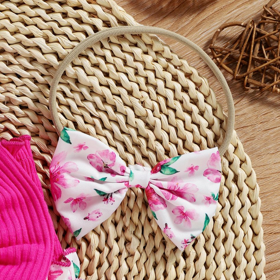 2pcs Baby Girl 95% Cotton Ribbed Bowknot Splicing Floral Print Sleeveless Romper with Headband Set Hot Pink big image 4