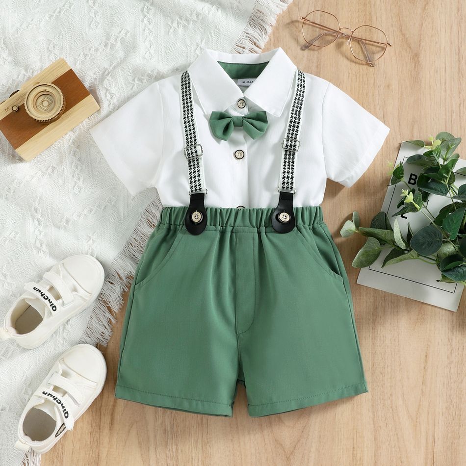 2pcs Toddler Boy Gentleman Suit, Bow tie Design Lapel Collar Shirt and Adjustable Suspender Shorts Set White