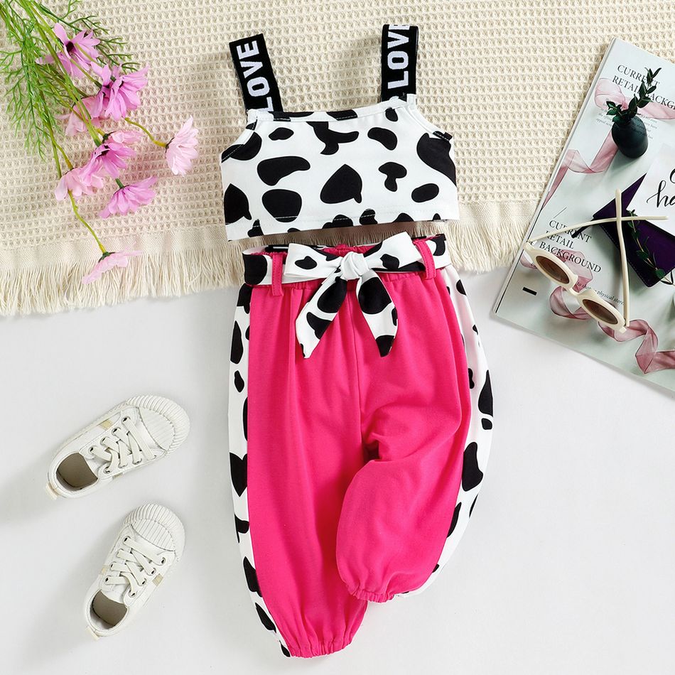 2pcs Baby Girl Cow Print Letter Cami Crop Top and Belted Colorblock Pants Set BlackandWhite