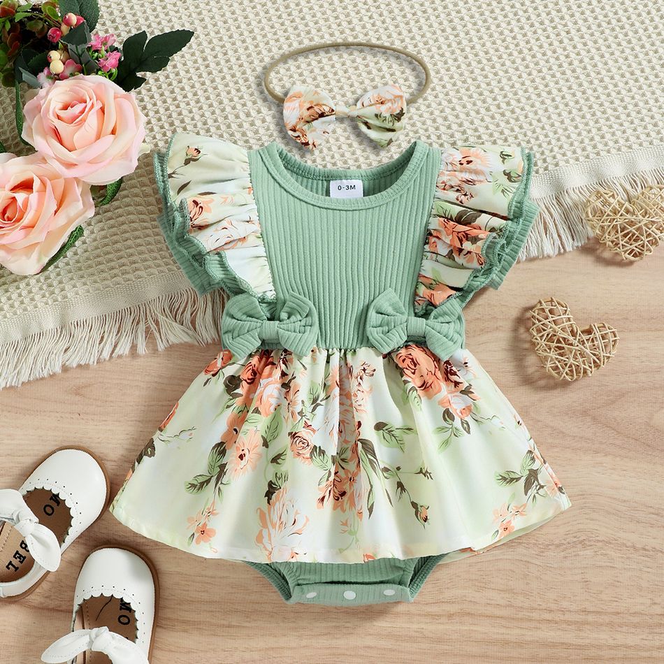 Baby Girl 95% Cotton Rib Knit Splicing Floral Print Ruffle Trim Short-sleeve Romper Green big image 2