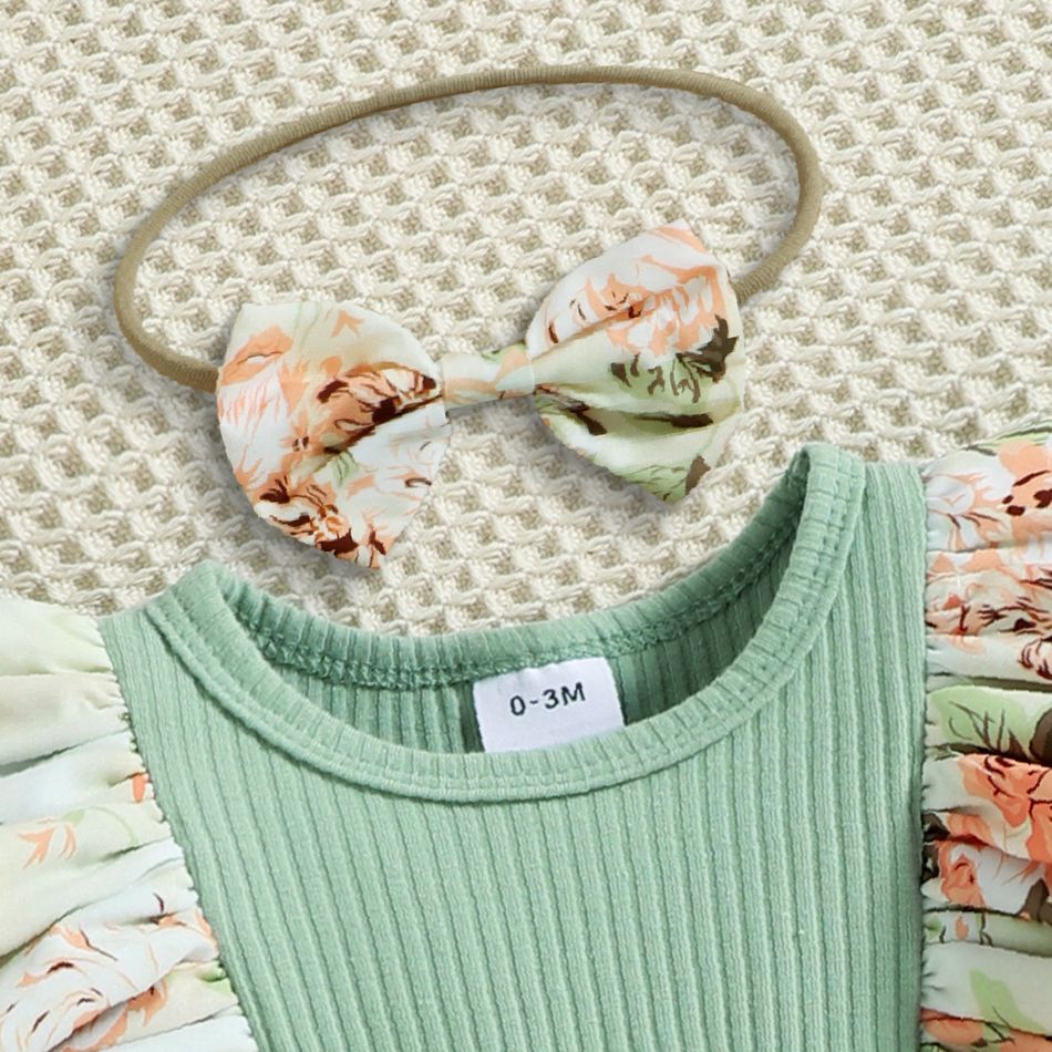 Baby Girl 95% Cotton Rib Knit Splicing Floral Print Ruffle Trim Short-sleeve Romper Green big image 5