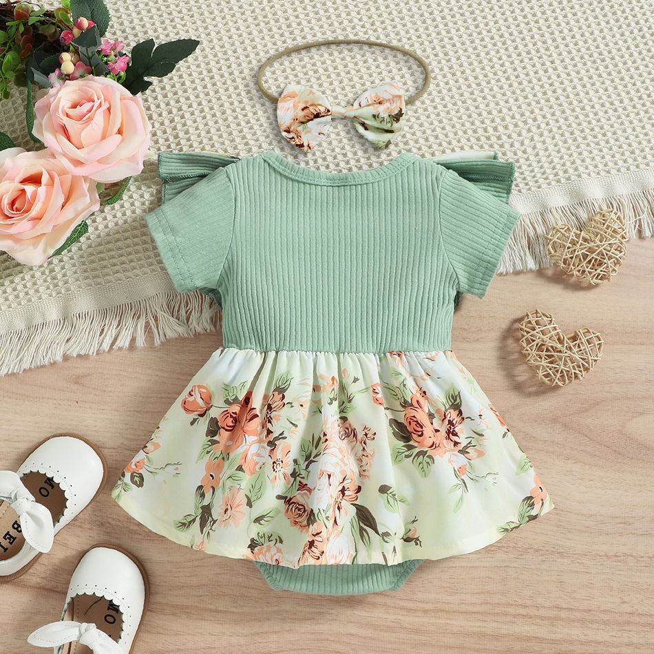 Baby Girl 95% Cotton Rib Knit Splicing Floral Print Ruffle Trim Short-sleeve Romper Green big image 6