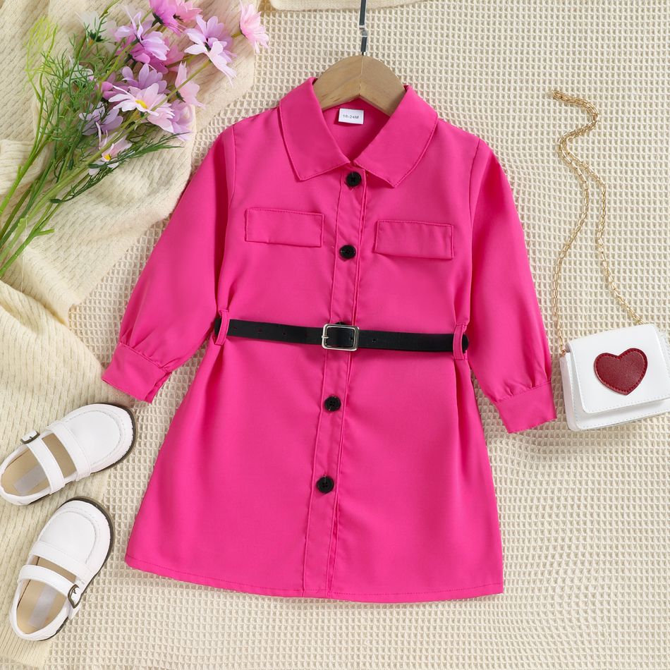 Toddler Girl Lapel Collar Button Design Belted Hot Pink Dress Hot Pink