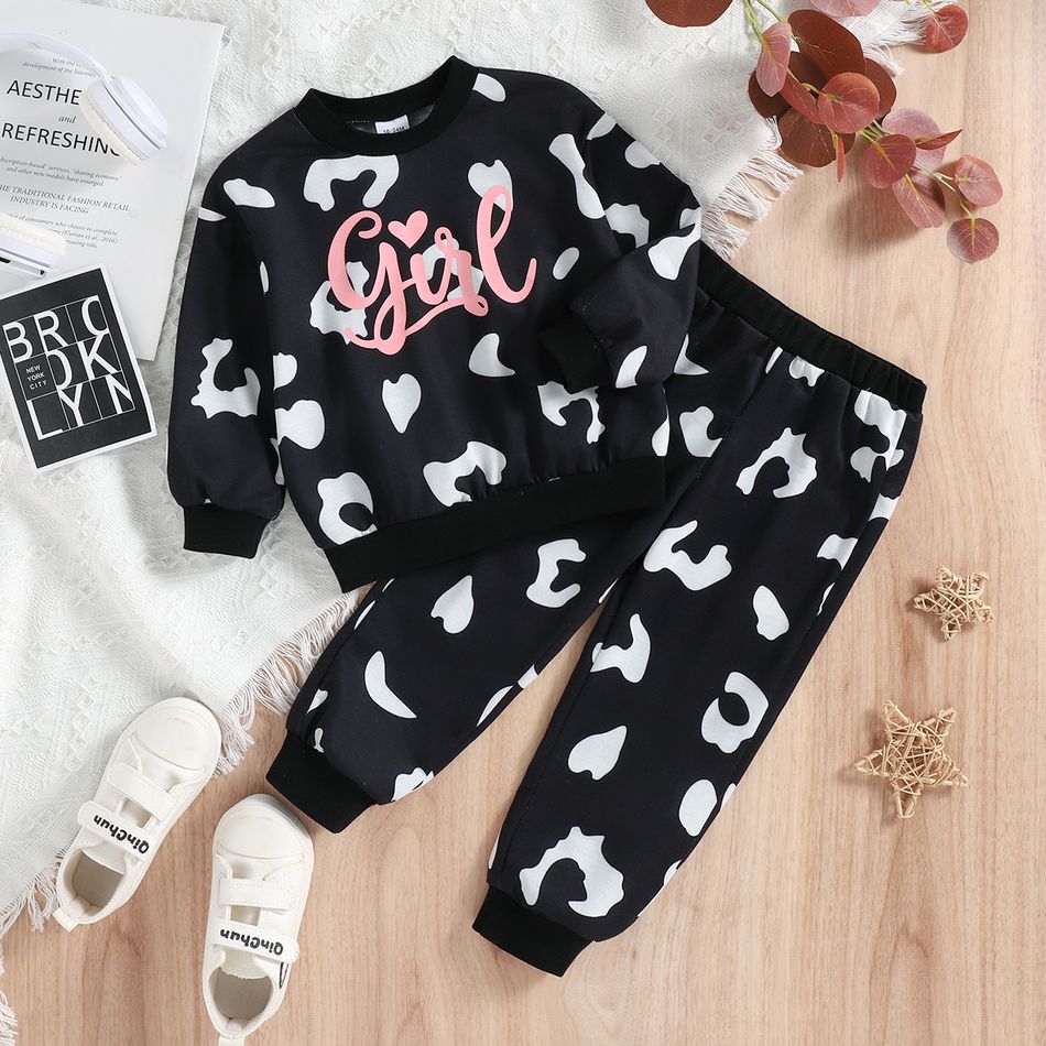 2pcs Toddler Girl Letter Print Black Pullover Sweatshirt and Elasticized Pants Set Black/White