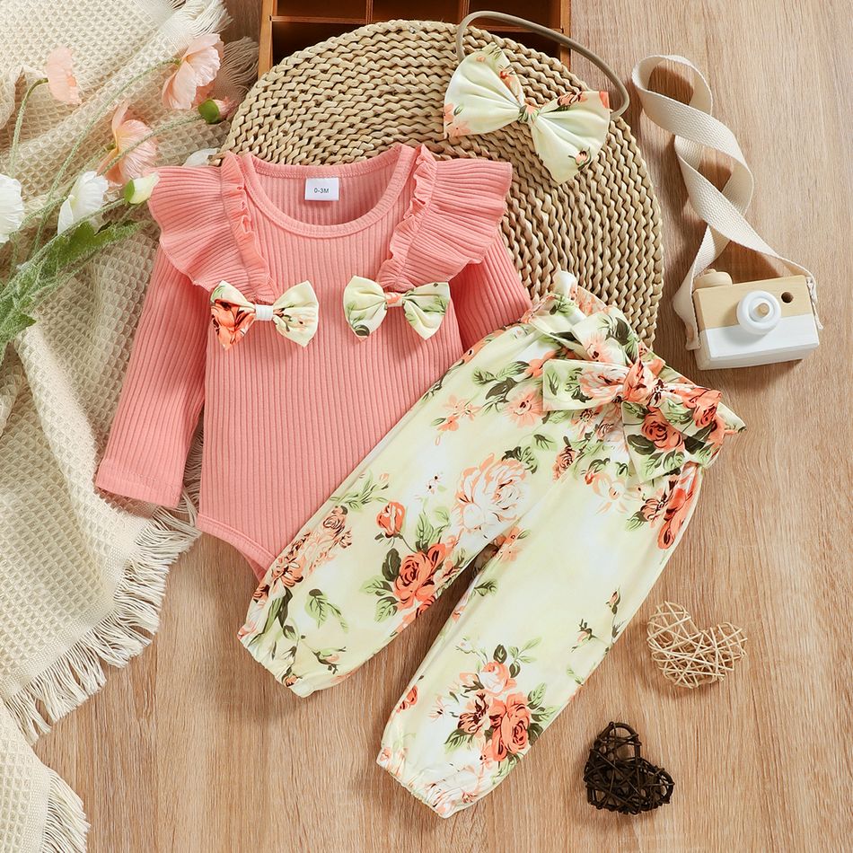3pcs Baby Girl Rib Knit Ruffle Bowknot Long-sleeve Romper and Floral Print Paperbag Waist Belted Pants with Headband Set Pink