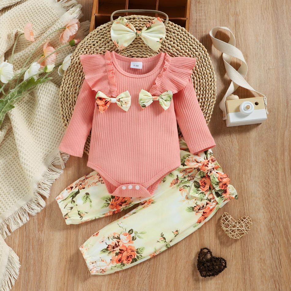 3pcs Baby Girl Rib Knit Ruffle Bowknot Long-sleeve Romper and Floral Print Paperbag Waist Belted Pants with Headband Set Pink big image 3