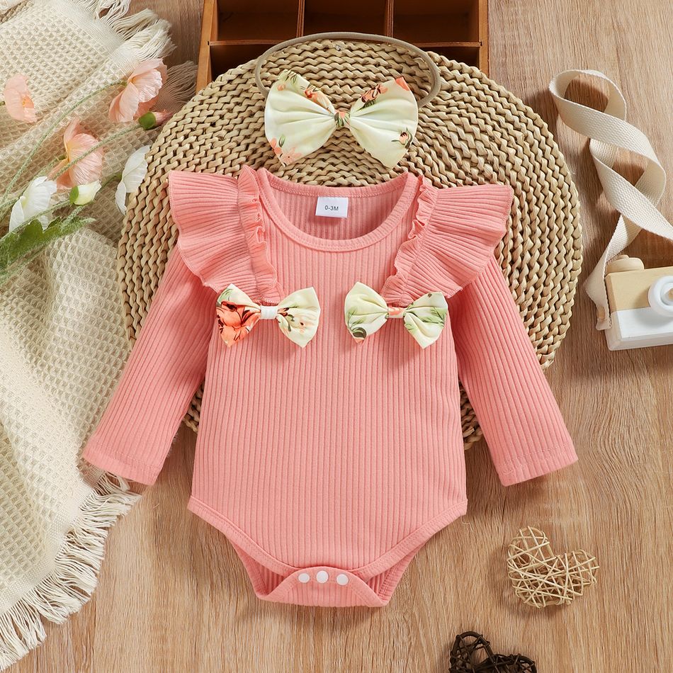 3pcs Baby Girl Rib Knit Ruffle Bowknot Long-sleeve Romper and Floral Print Paperbag Waist Belted Pants with Headband Set Pink big image 4