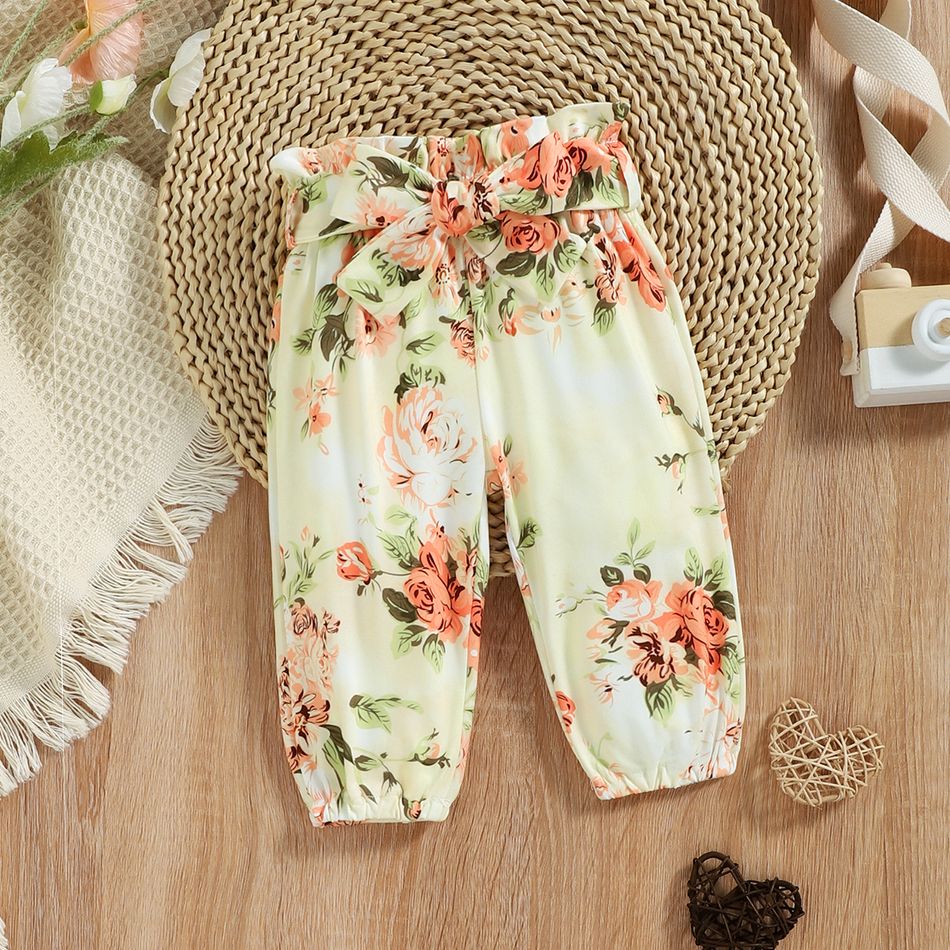 3pcs Baby Girl Rib Knit Ruffle Bowknot Long-sleeve Romper and Floral Print Paperbag Waist Belted Pants with Headband Set Pink big image 7