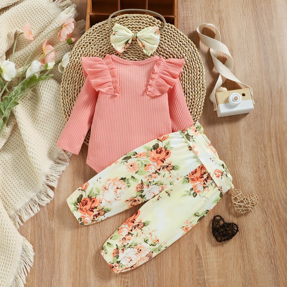 3pcs Baby Girl Rib Knit Ruffle Bowknot Long-sleeve Romper and Floral Print Paperbag Waist Belted Pants with Headband Set Pink big image 2