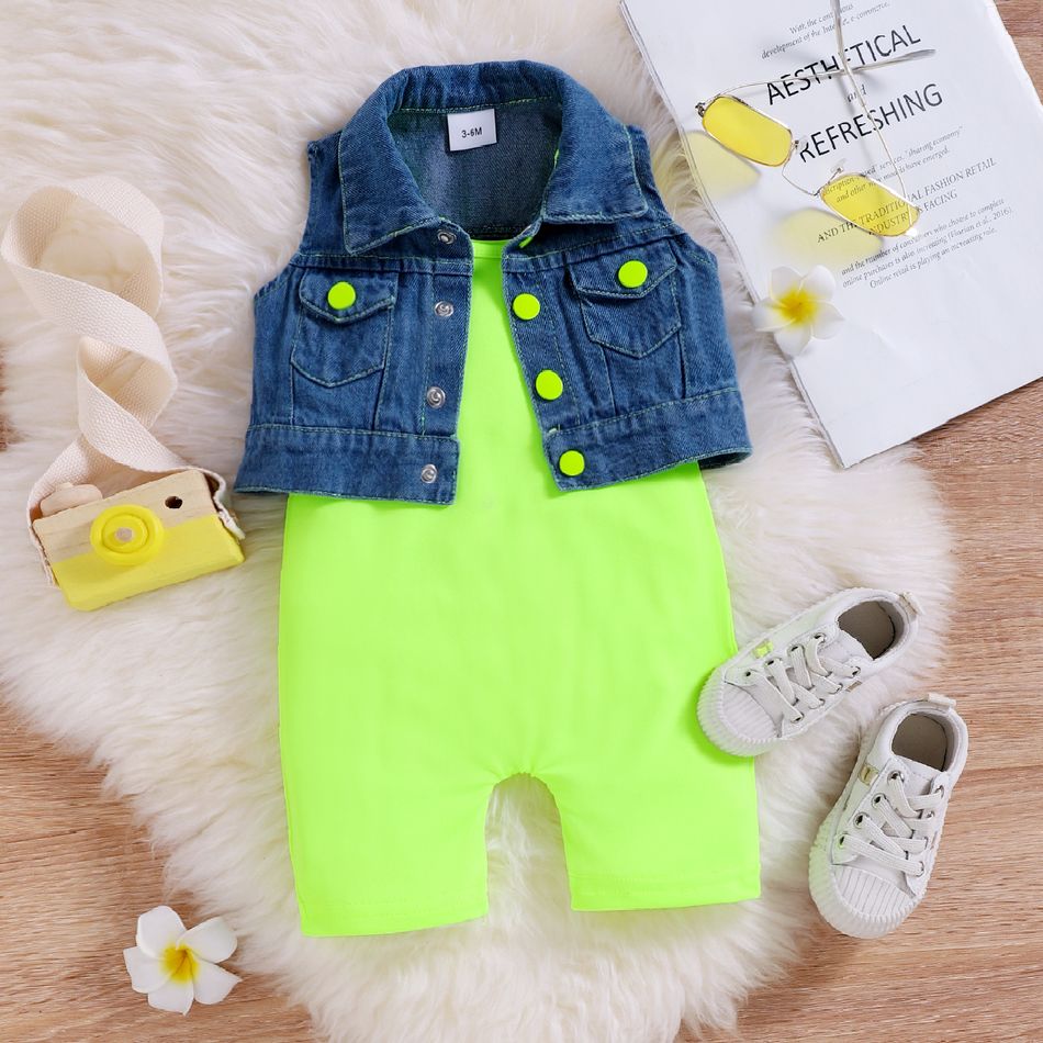 2pcs Baby Girl Denim Vest and Fluorescent Green Cami Romper Set Green