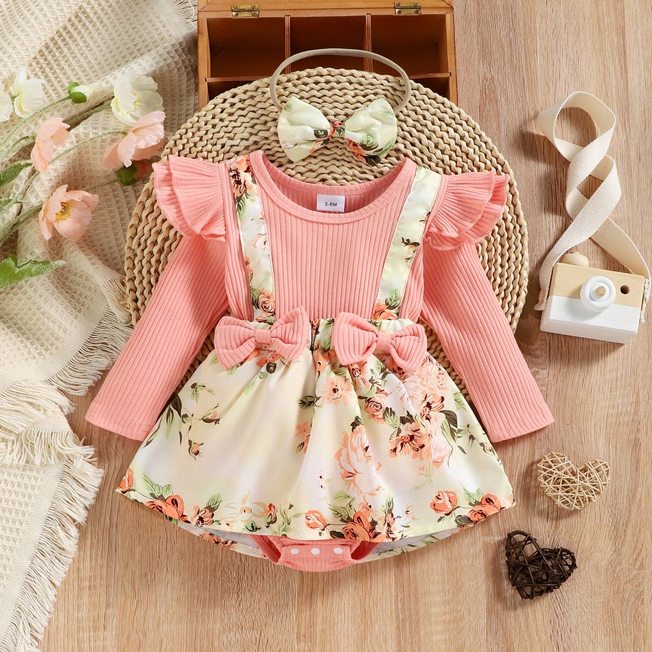 2pcs Baby Girl 95% Cotton Ribbed Long-sleeve Faux-two Floral Print Romper with Headband Set Pink big image 6